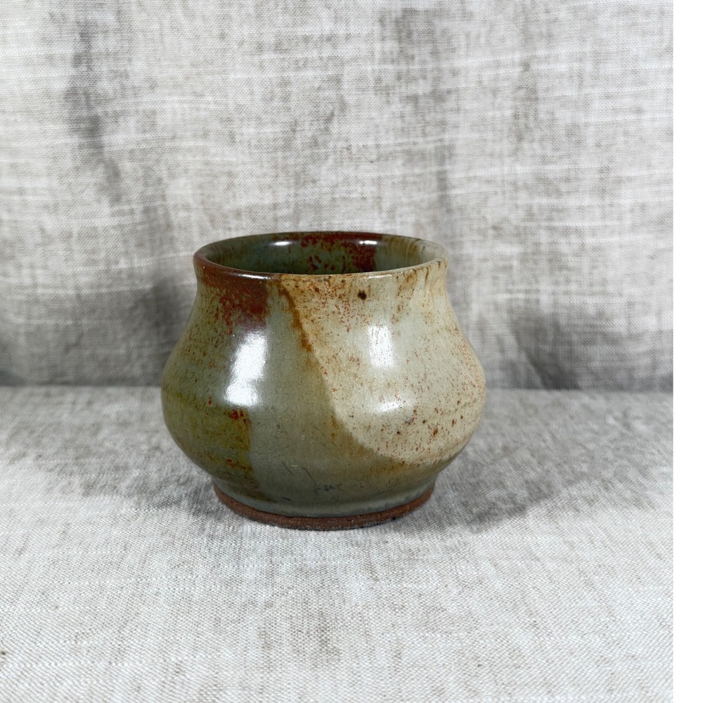 Studio Pottery Vessel Small Green Brown Vintage Good Signed Hand Thrown Ceramic